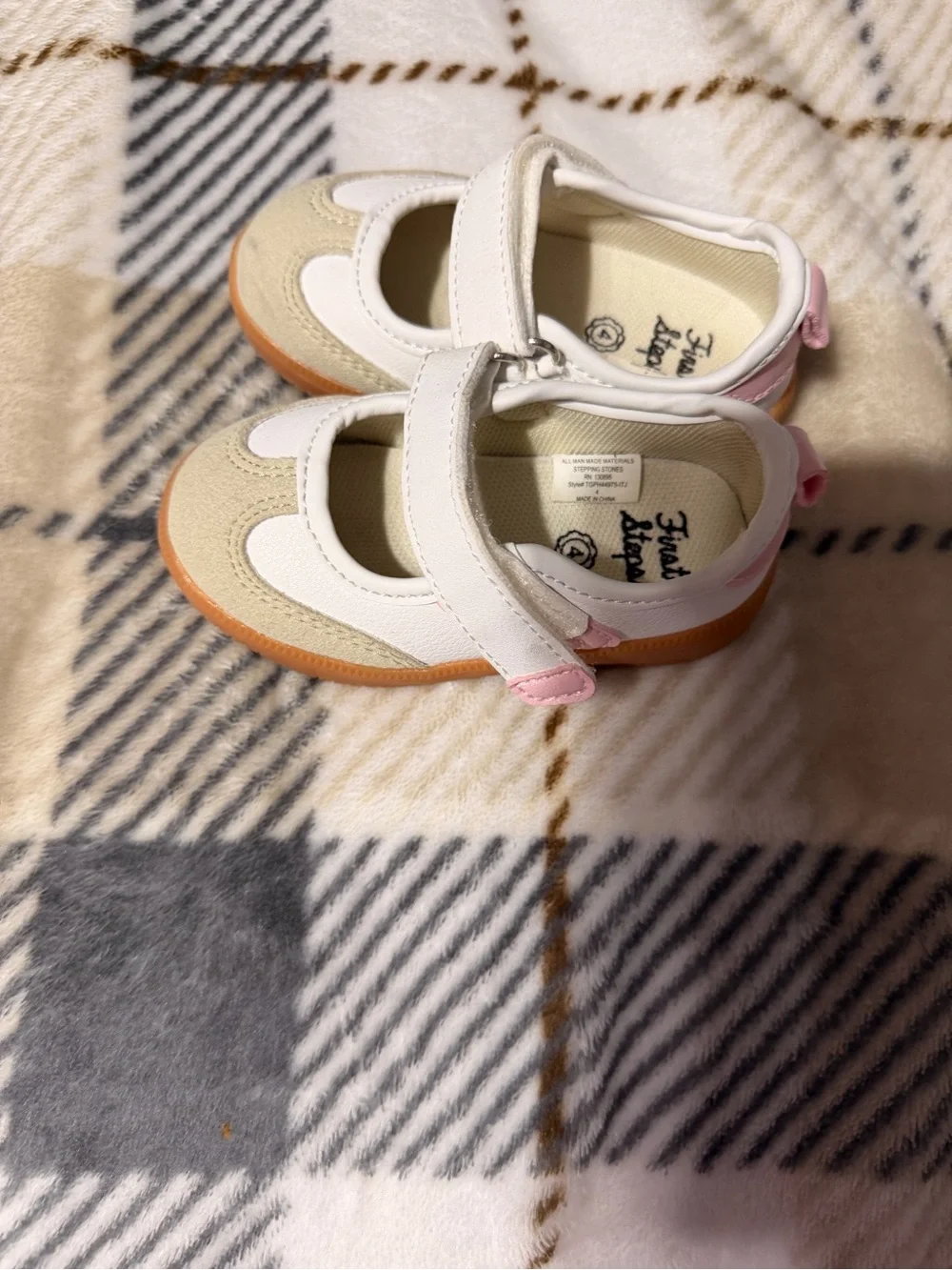 First Steps Beige and White Mary Jane Baby Walker Shoes